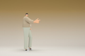 Obraz premium A man with glasses wearing brown cloth. He is expression of hand when talking. 3d rendering of cartoon character in acting.