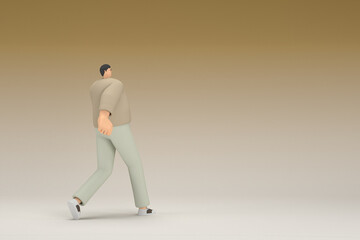 Fototapeta na wymiar A man with glasses wearing brown cloth is walking. 3d rendering of cartoon character in acting.
