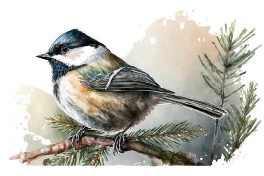 Watercolor picture of a little titmouse bird. Realistic drawing of a song bird from Europe. Close up of a small, common bird called a chickadee. Cute little bird. Small bird on white background, garde