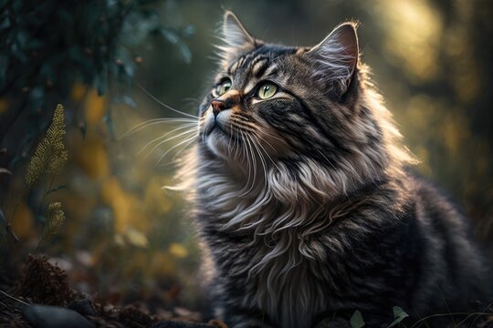 After eating, a beautiful, striped, gray, fluffy, homeless, thoroughbred cat sits in nature and licks his lips. Animal photography, portrait. Generative AI