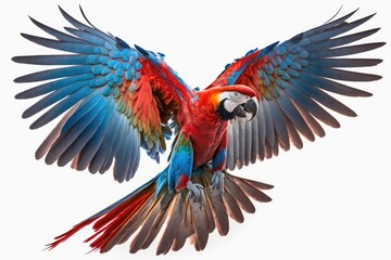 Fototapeta premium Bright red and blue south American parrot, Ara macao, Scarlet Macaw, flying with its wings spread out, isolated on a white background. Generative AI