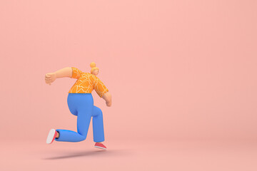Fototapeta na wymiar The woman with golden hair tied in a bun wearing blue corduroy pants and Orange T-shirt with white stripes. She is doing exercise. 3d rendering of cartoon character in acting.