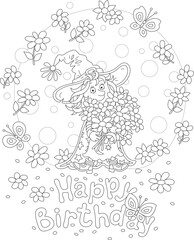 Obraz premium Happy birthday card with a funny little fairy holding a beautiful bouquet of flowers and merry butterflies flying around, black and white outline vector cartoon illustration for a coloring book