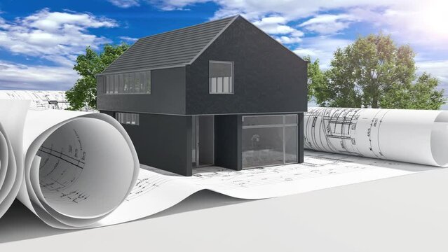 Entwurf eines energieeffizienten Einfamilienhauses in moderner Scheunen-Architektur- 3D Visualisierung mit Video-Hintergrund