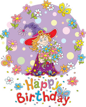 Happy birthday card with a funny little fairy holding a beautiful bouquet of colorful flowers and merry butterflies flying around, vector cartoon illustration