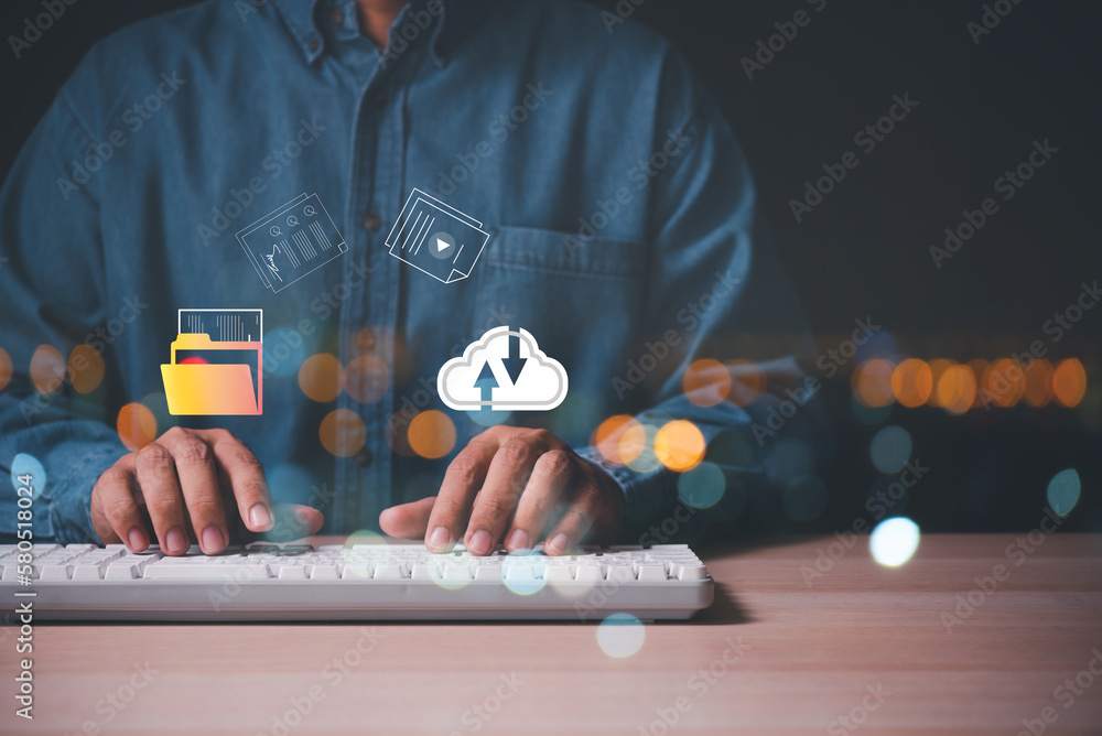 Aufkleber business man using laptop upload and download files document with cloud technology on viritual screen, document management data transfer system