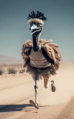 In this portrait, the ostrich becomes an athlete, dressed in a sleek running outfit. Generative AI - obrazy, fototapety, plakaty