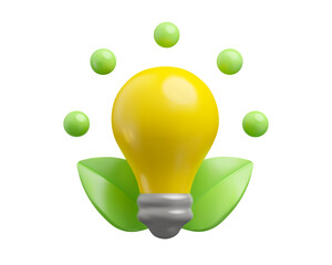 Eco energy vector 3d icon. Ecology friendly concept. Light bulb with leaves isolated on white background
