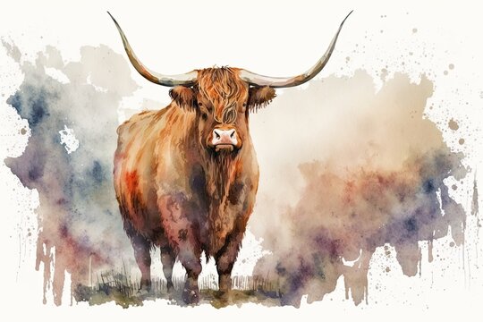 Cattle from Scotland. Highland cow from Scotland. The bull had horns. Isolated with space to write your own words. Aquarelle, watercolor illustration. Generative AI