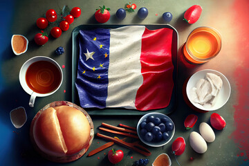 Festive picnic for the national holiday of France 14th of July with French flag. Generative Ai