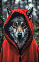 Wolf as Red Riding Hood - a bold, new portrait of a classic fairy tale. Generative AI