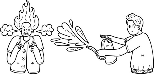 Angry business woman with a young man helping to extinguish the fire illustration in doodle style
