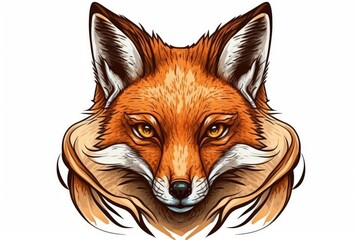 Isolated on a white background is a front view of a fox's face. Cute Animal Head from a Cartoon. Illustration. Generative AI
