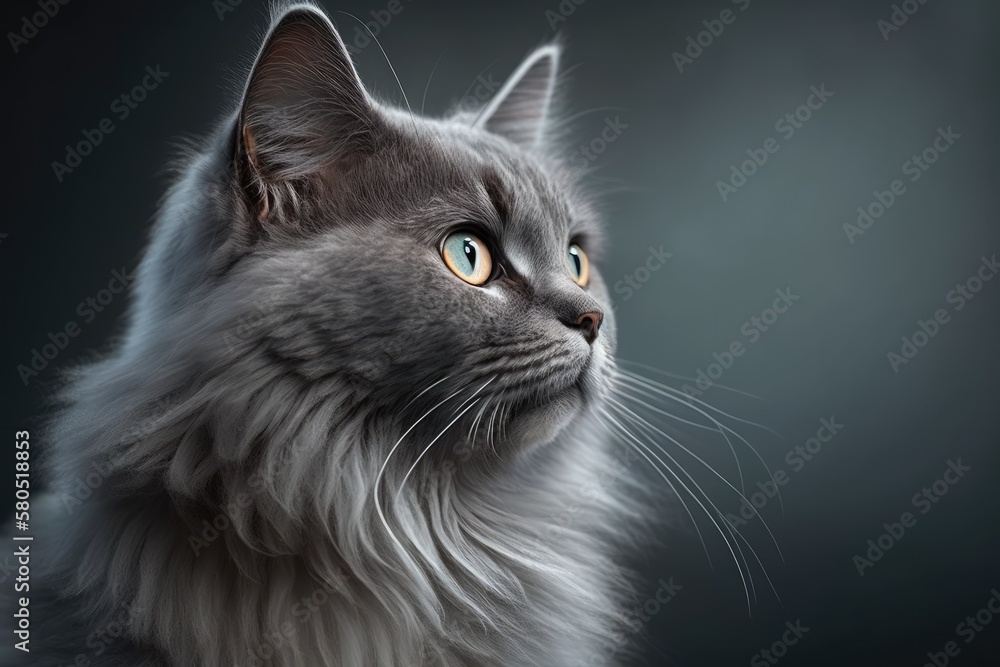 Poster A picture of a beautiful grey cat looking to the right. Generative AI