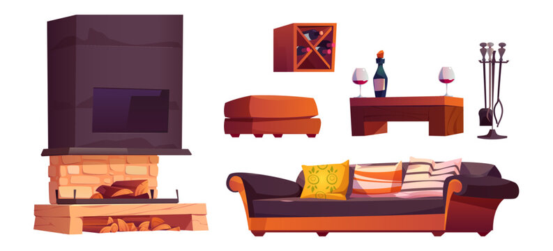 Cartoon set of chalet interior design elements isolated on white background. Vector illustration of fireplace with firewood, vintage couch with colorful cushions, wine bottle and glass on wooden table