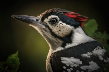 Fototapeta premium Great Spotted Woodpecker, close up portrait of the red cap on the bird's head. France. A black and white animal living in a forest with a clear green background. Generative AI