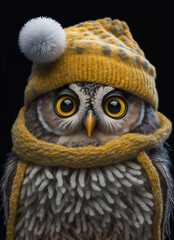Cute Owl in Yellow Scarf and Hat Illustration