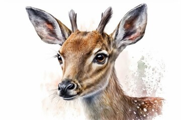 A watercolor portrait of a cute deer up close. Stands out against a white background. Hand drawn picture of Christmas. Design for a winter greeting card with animals. Generative AI