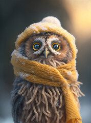 Cute Owl in Yellow Scarf and Hat Illustration