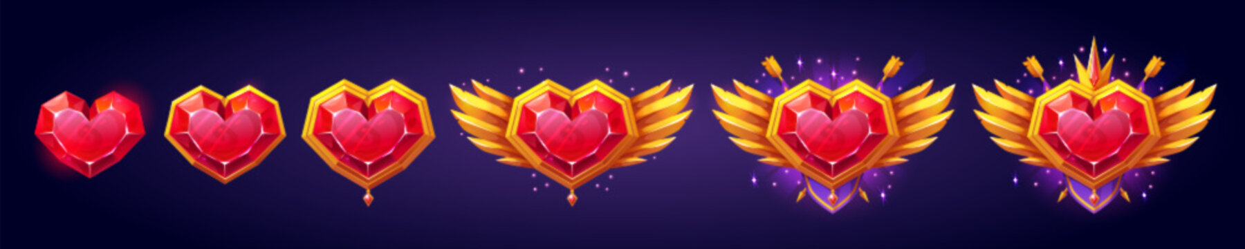 Heart gem rank medal game badge in gold metal design with wings. Isolated achievement icon amulet or button asset set. Magic medieval jewelry trophy for user progress rating.