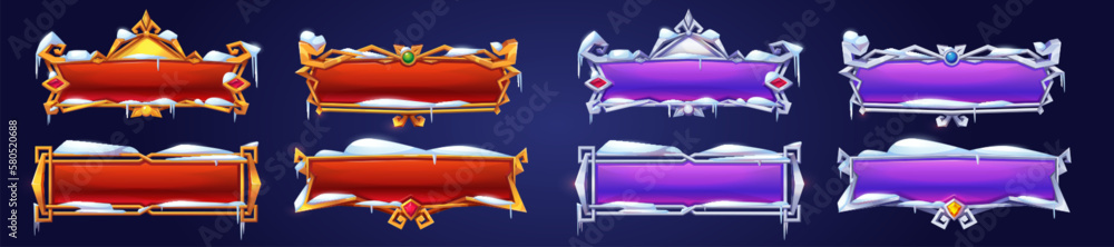 Poster medieval rpg game ui button frame with snow cap. isolated winter border in red and purple. evolution