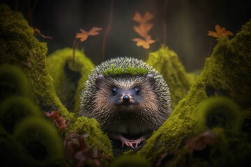 Erinaceus europaeus, a European hedgehog, sitting on green moss in the forest. Photo taken with a wide angle lens. Hedgehog in dark wood, autumn image. With snipes, a cute and funny animal. Generative