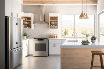Photorealistic ai artwork of a modern kitchen interior design. Generative ai.