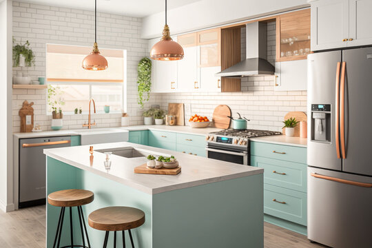 Photorealistic ai artwork of a modern kitchen interior design. Generative ai.