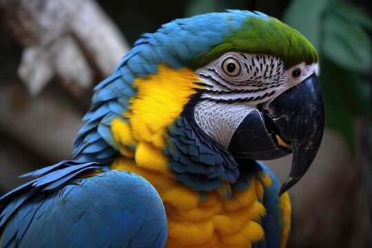 A close up picture of the macaw parrot Ara ararauna, which is blue and yellow. Generative AI