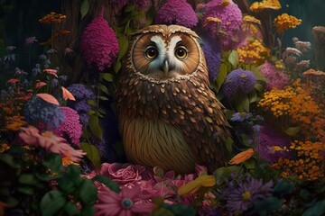 The owl is sitting in the middle of some flowers. Generative AI