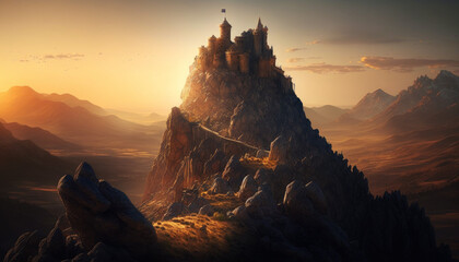 Photorealistic ai artwork of a castle on top of a mountain at sunset. Generative ai.