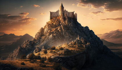 Photorealistic ai artwork of a castle on top of a mountain at sunset. Generative ai.