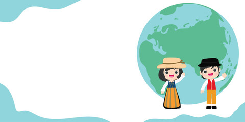 kids in national dress with a flag. Man and woman boy in earth traditional costume.