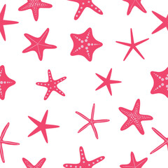 Seamless vector pattern with cute different starfish. Summer hand-drawn background for packaging, wrapping paper, banner, print, postcard, gift, fabric, postcard, textile, wallpaper, web. Vector 