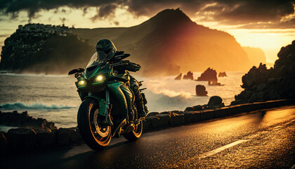 Photorealistic ai artwork of a green sportsbike or superbike concept motorcycle riding on a coast road at sunset. Generative ai.