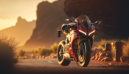 Photorealistic ai artwork of a red sportsbike or superbike concept motorcycle in the desert at sunset. Generative ai.