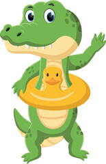 Cartoon cute green crocodile swimming 