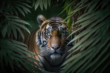 A male royal Bengal tiger that looks scary is staring at the camera from inside the jungle. Generative AI