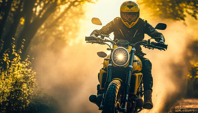 Photorealistic ai artwork of a person riding a yellow classic motorcycle at sunset on dusty country rural roads. Generative ai.