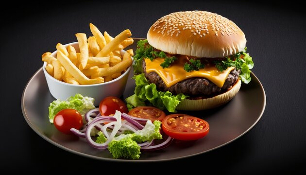 Front view yummy meat cheeseburger with french fries on dark background. Generative ai