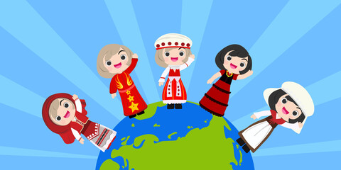 national children pepole of different races and colors , the planet. color vector illustration