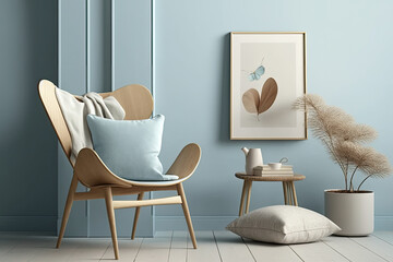Mockup of a Scandinavian living area with a wooden chair against an empty, light blue background, generative AI