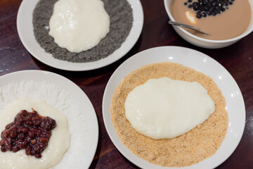 Mochi dough with milk and peanut sesame dessert
