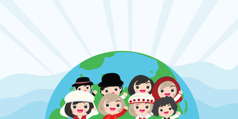 Vector illustrations of kid of multicultural nations on the planet. international  