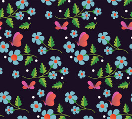 Spring summer flower and Butterfly Seamless vector Pattern