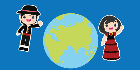 Kid dress with and woman and man in earth traditional costume.