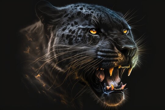 Digital painting of a roaring black panther on a black background. Generative AI