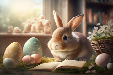 Fairytale illustration of a children's room with an Easter bunny and Easter eggs. Generative AI technology.