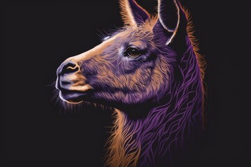 Alpaca Llama portrait. A hand drawn, abstract, multicolored portrait of an alpaca or llama on a background of dark purple. Generative AI