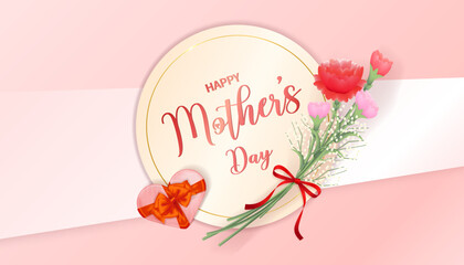 Round happy mothers day card with bouquet of carnations and gift in heart shape, pink vector banner